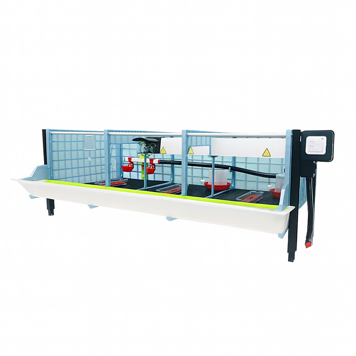 Hatching Time Cimuka CB25-03-TA Inside with Cover Off showing interior. Inside shoes Adjustable wall mounted drinkers, starter feeders, starter drinkers and chick floor mats. Exterior shows heater thermostat, feeding trough.