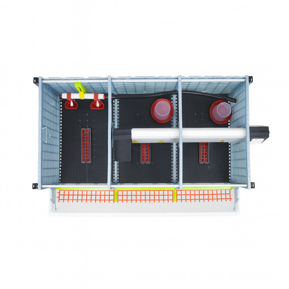 Hatching Time Cimuka top view of brooder can be seen with no roof. Interior shows chick floor mats on floor, 2 starter drinkers, 3 starter feeders, wall mounted drinker setup and heater through brooder. Exterior shows Feeding Trough.