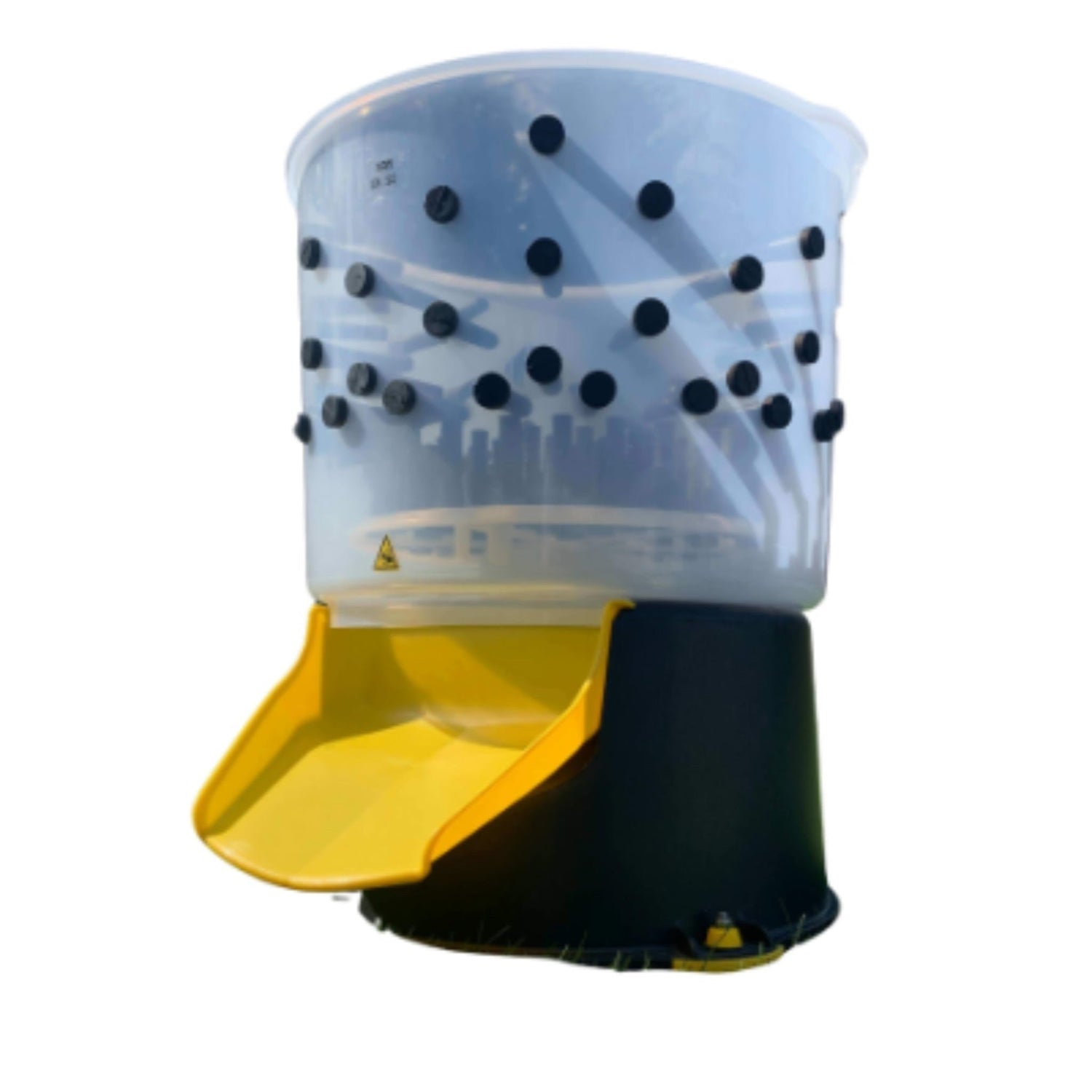 Hatching Time Cimuka. Turkey feather plucker can be see in image, feather chute can be seen in front. Natural rubber fingers are attached to food grade plastic drum.