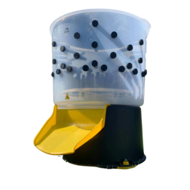 Hatching Time Cimuka. Turkey feather plucker can be see in image, feather chute can be seen in front. Natural rubber fingers are attached to food grade plastic drum.