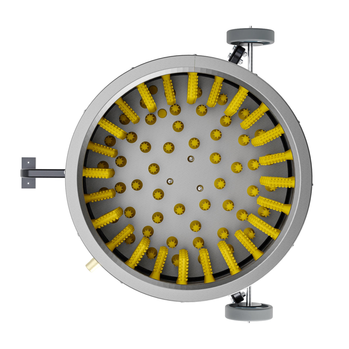 Bottom view of chicken plucker drum with yellow ProA rubber fingers for 360-degree feather removal