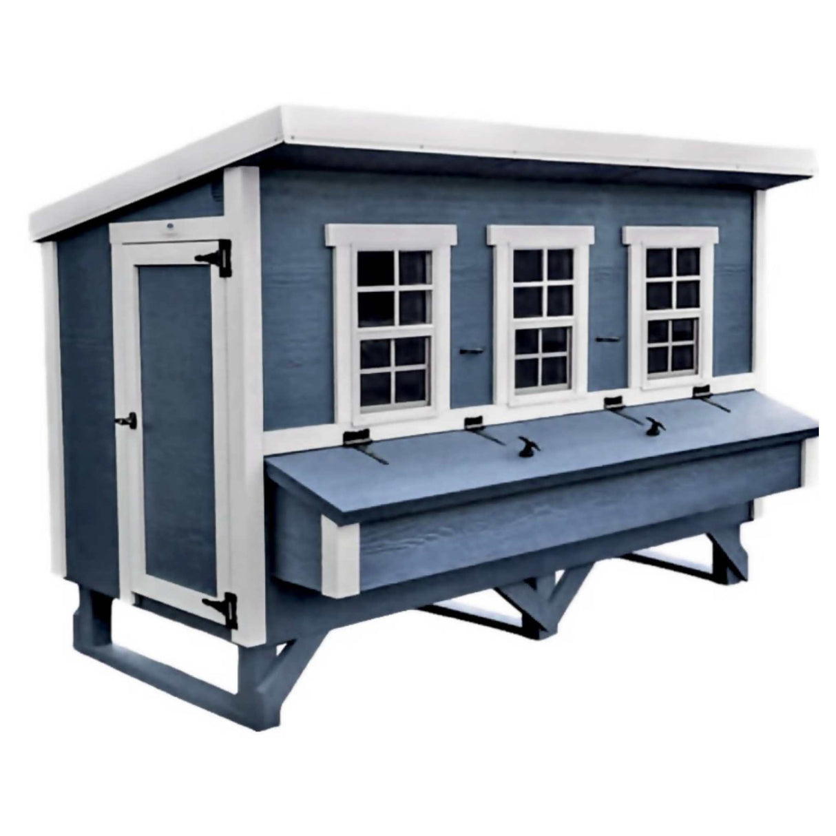 Hatching Time OverEZ Blue XL chicken coop. Coop can be seen with windows for ventilation. Nesting boxes on front of XL chicken coop.