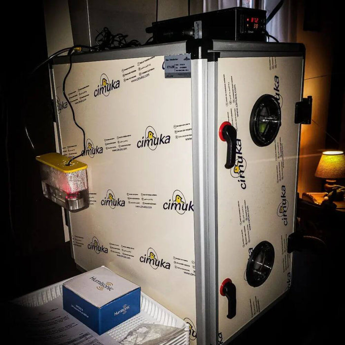 Hatching Time CImuka. CT Incubator can be seen in room. Digital control can be seen on top of incubator. Humisonic humidifier can be seen on side of incubator.