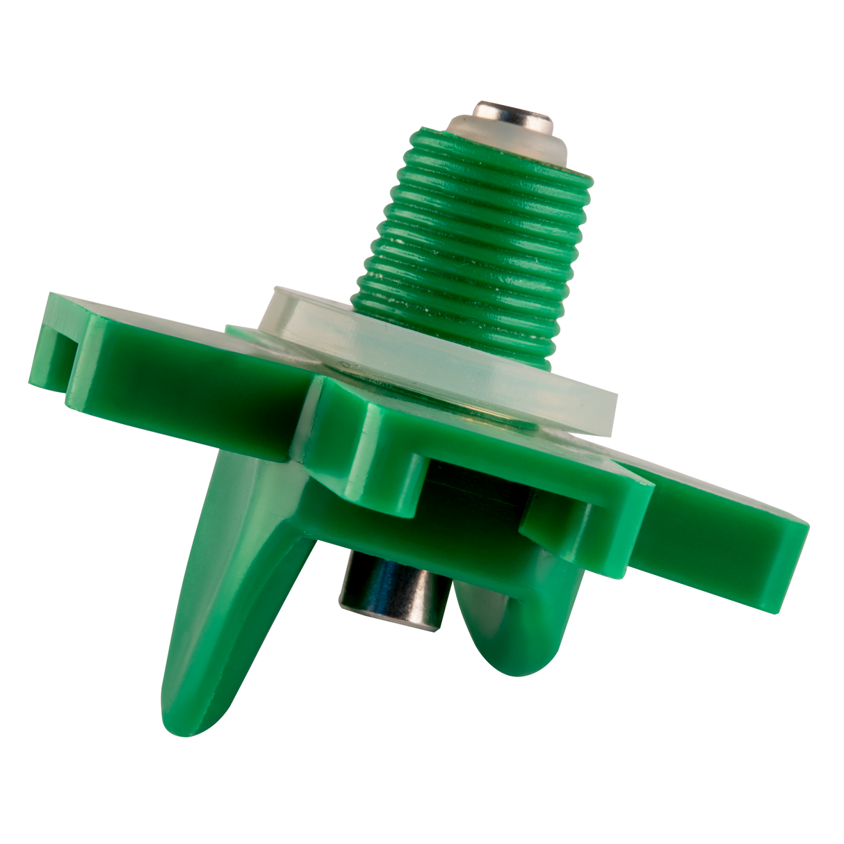 DIY poultry nipple drinker with stainless steel horizontal pin and threaded ABS body – angled view