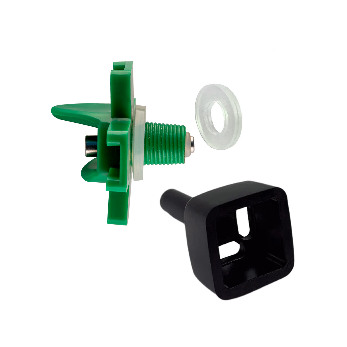 DIY poultry nipple drinker set with green threaded nipple, rubber washer, and black mounting tool
