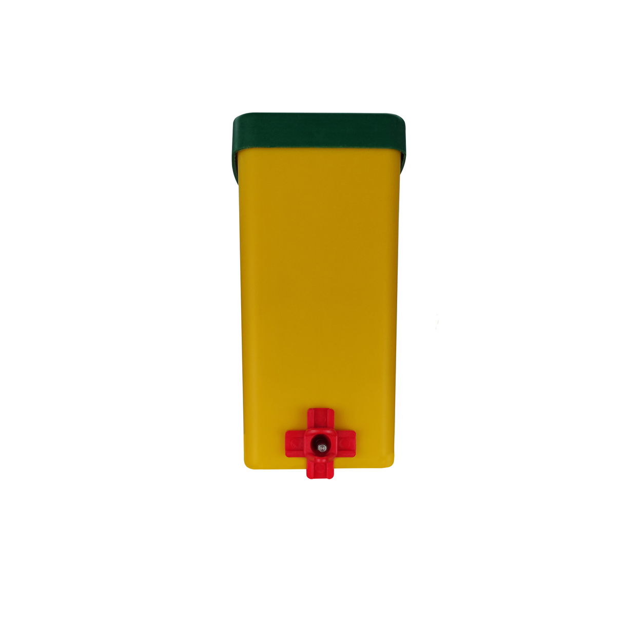 Yellow poultry water container with green lid and red horizontal nipple drinker installed at the bottom.