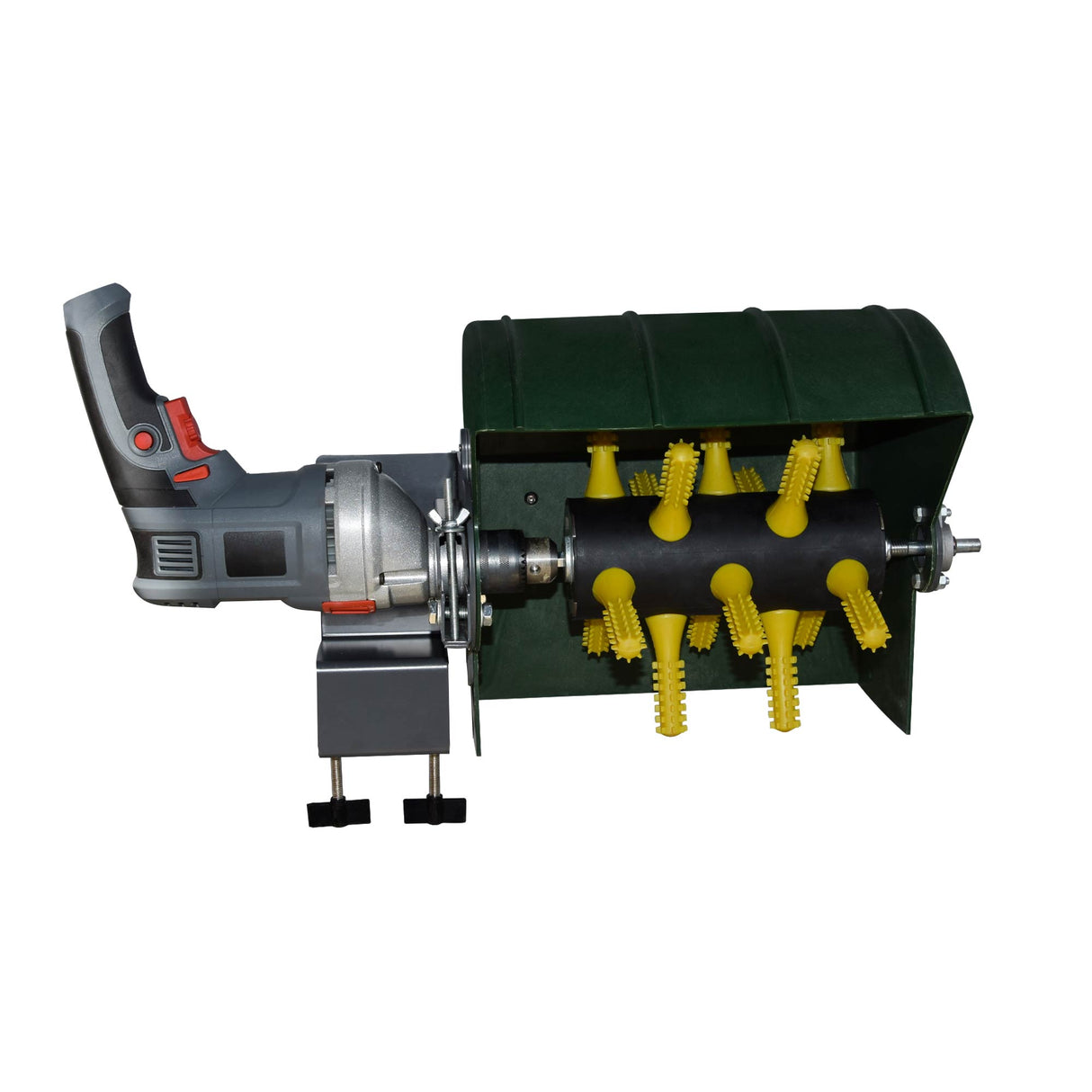 Drill feather plucker attachment with ProA rubber fingers and desk clamp mount