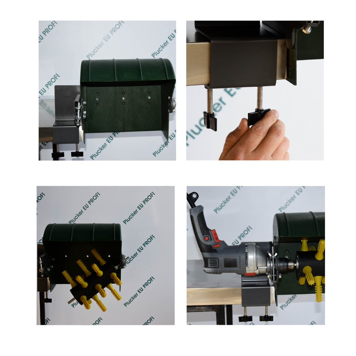 Step-by-step demonstration of EU ProA drill feather plucker installation on a tabletop, showing adjustable clamps, drill attachment, and rubber plucking fingers