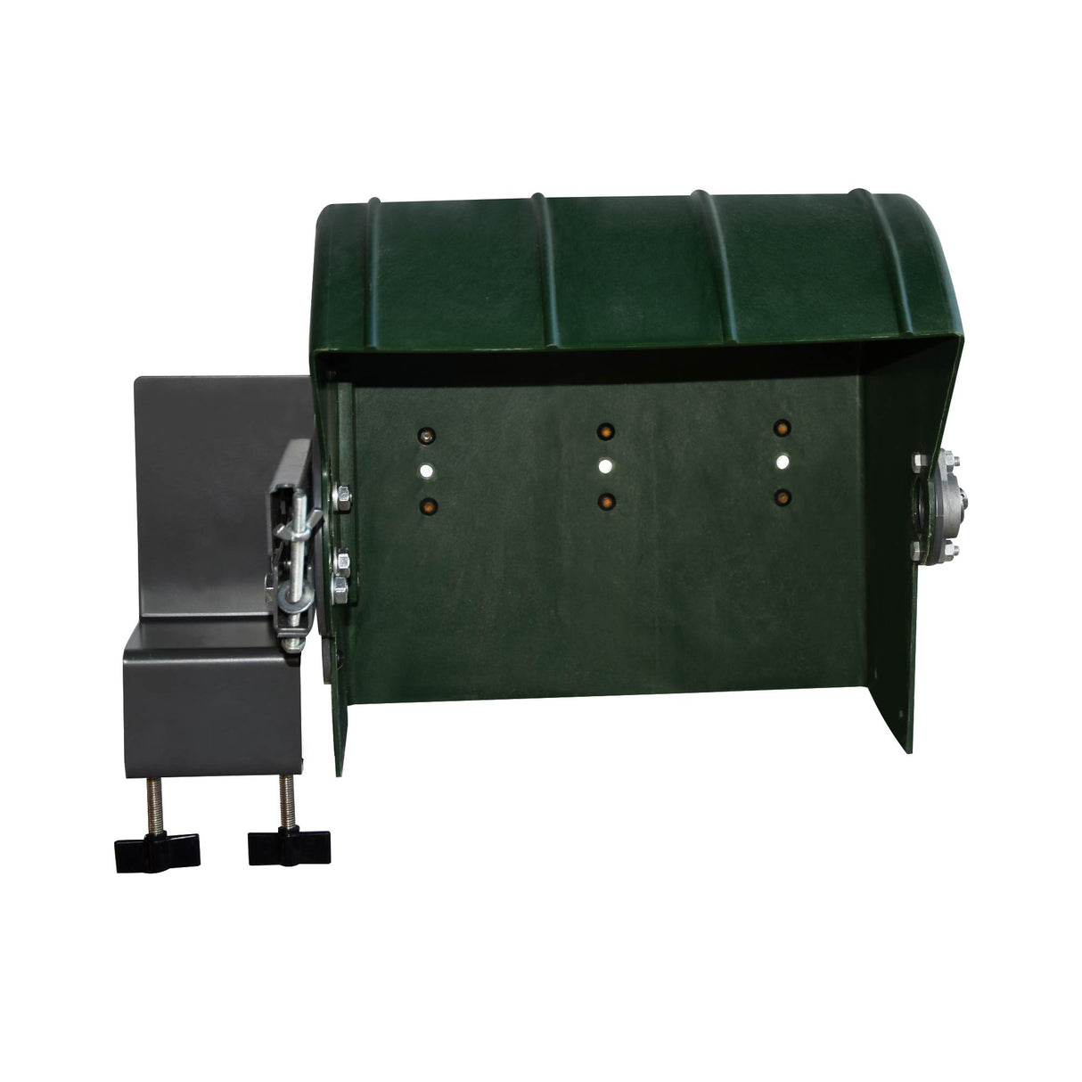 Empty green metal protective housing of drill feather plucker with attached tabletop mounting clamp, showing durable build and bolt holes for rubber fingers installation