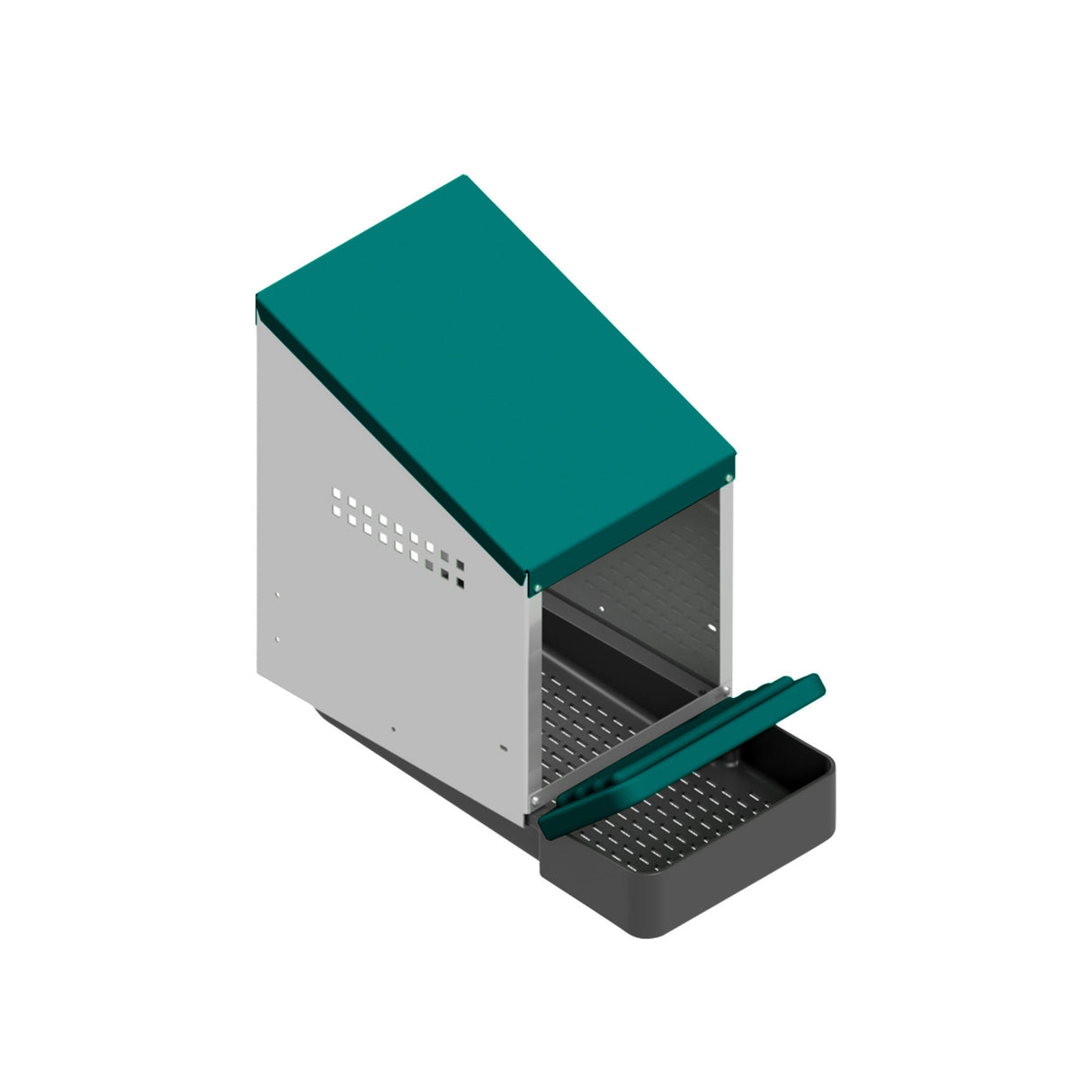 Angled top view of EggHouse galvanized nesting box with green roof and roll-out egg tray for up to 10 hens