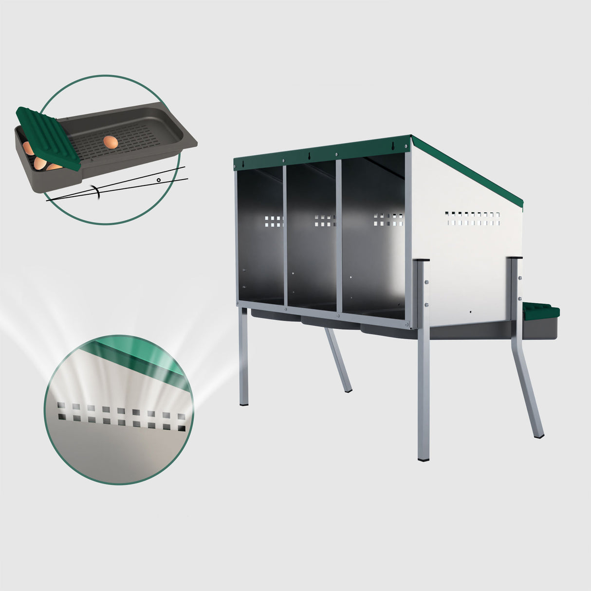 EggHouse galvanized 3-bay nesting box with close-up insets showing roll-out egg tray and side ventilation holes for airflow