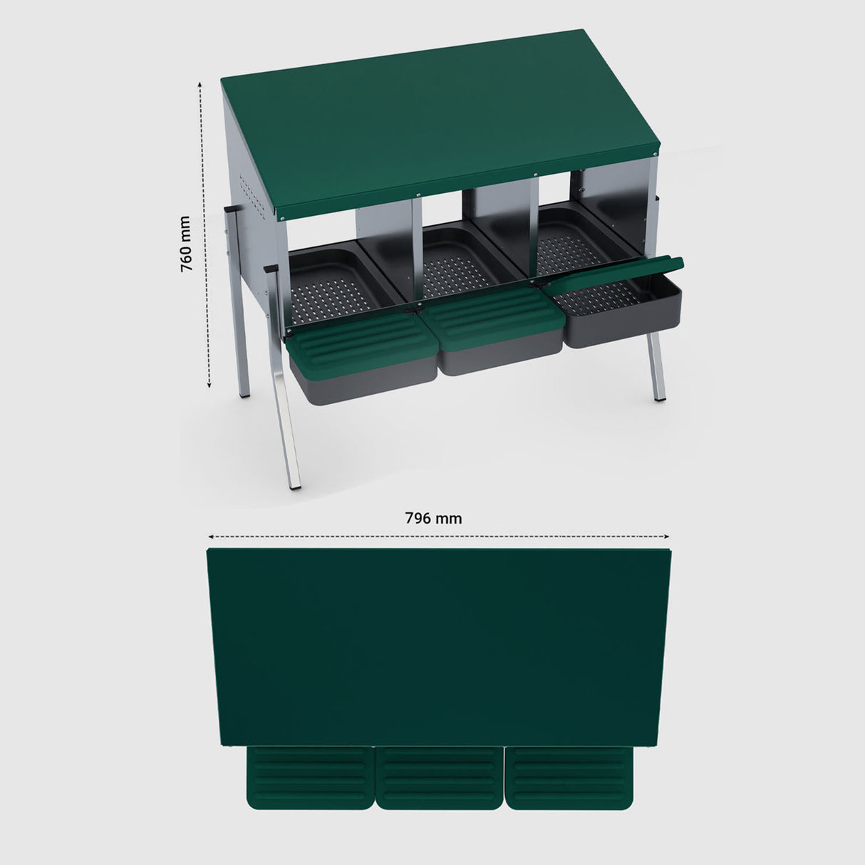 EggHouse galvanized 3-bay roll-out nesting box with legs, showing product dimensions 760 mm height and 796 mm width