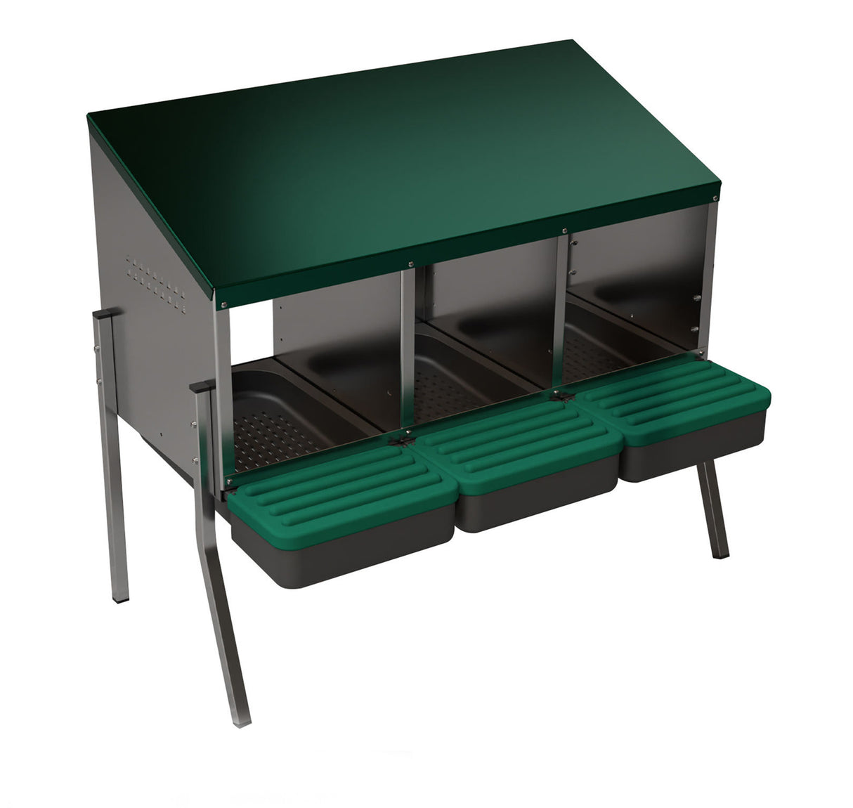 EggHouse galvanized 3-bay nesting box with roll-out trays and sturdy galvanized legs for freestanding setup