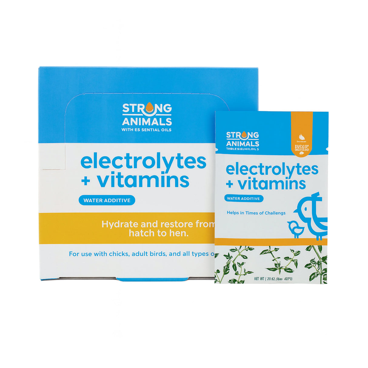 Two boxes of Strong Animals electrolytes and vitamins for animals on a white background