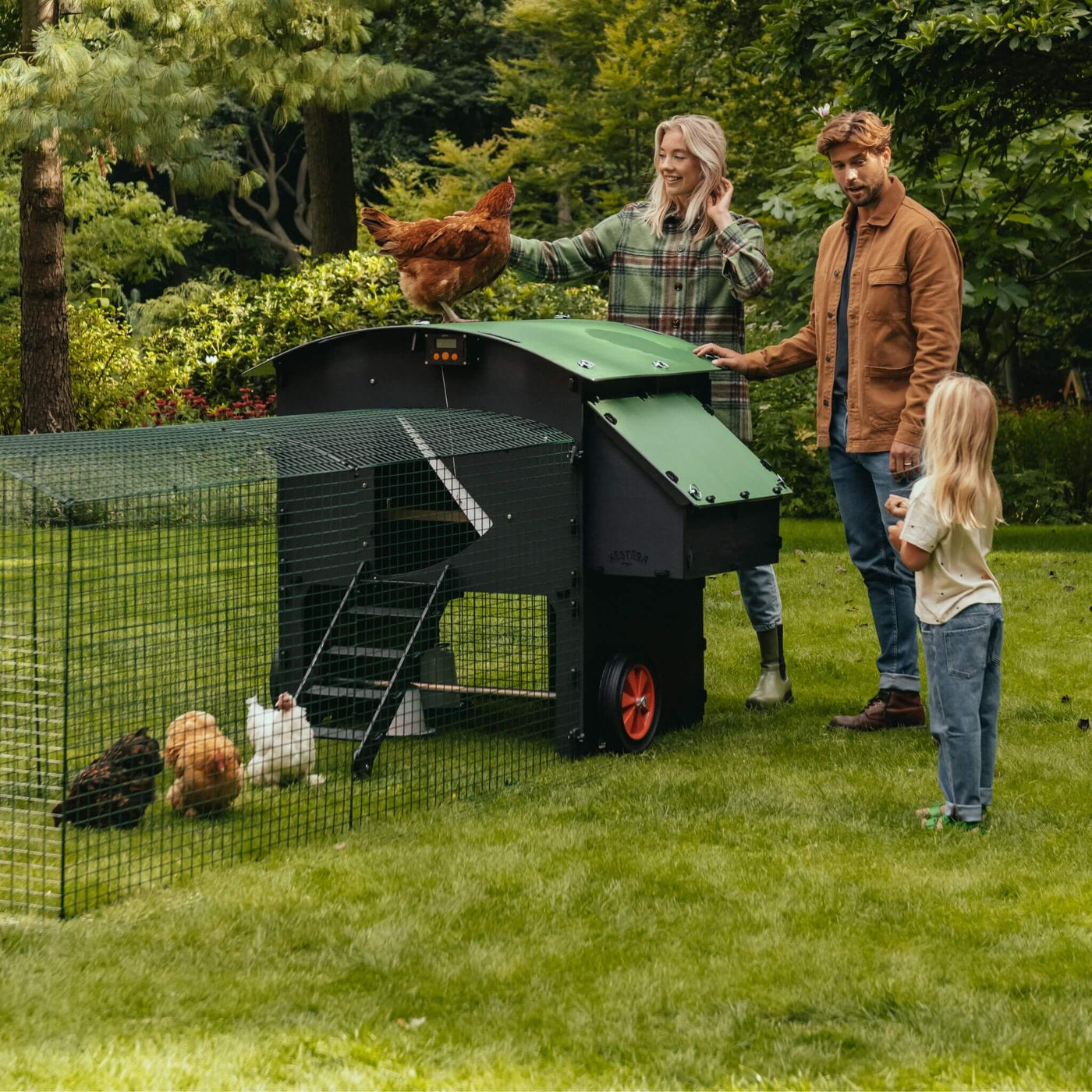 Hatching Time Nestera. Penthouse Coop bundle can be seen with chickens in run, on top of roof and with family standing by in grass.