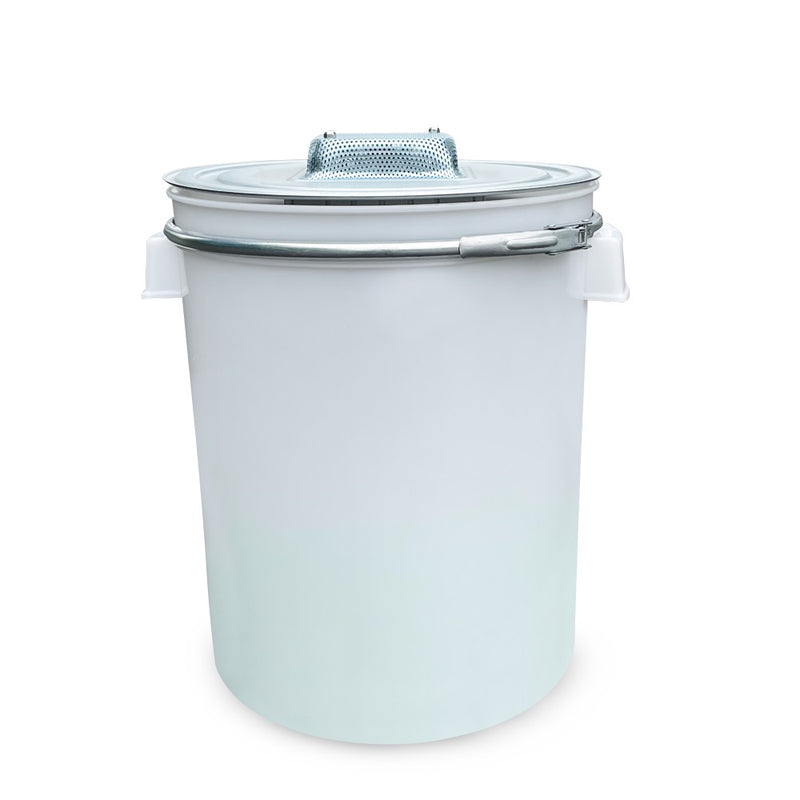 50-liter white plastic collection bucket with metal locking ring and mesh ventilation lid used for the Farm Mill 50 Feed Crusher