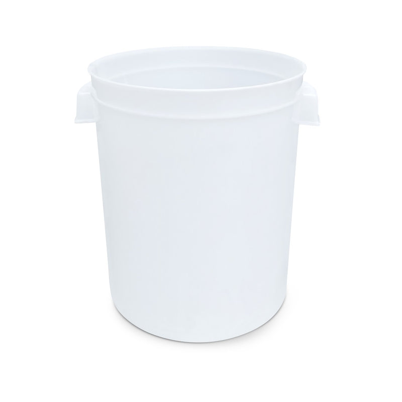Empty 50-liter white plastic collection bucket used with the Farm Mill 50 Feed Crusher for collecting ground feed