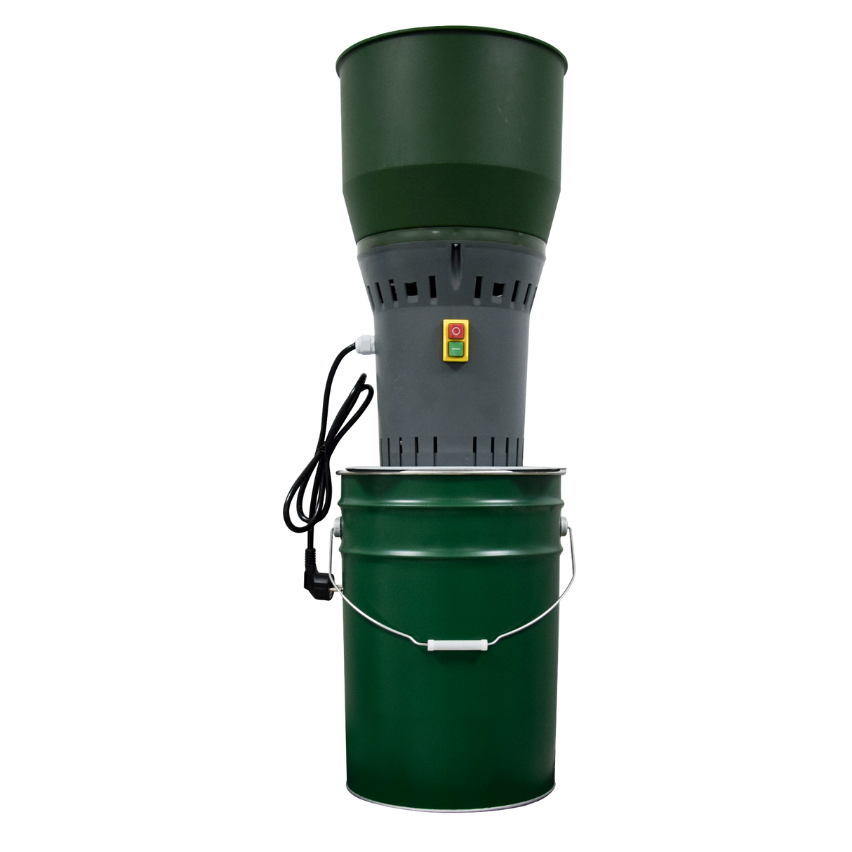 Farm Mill Compact Feed Crusher placed on green collection barrel showing complete operational setup with power cord and control switch