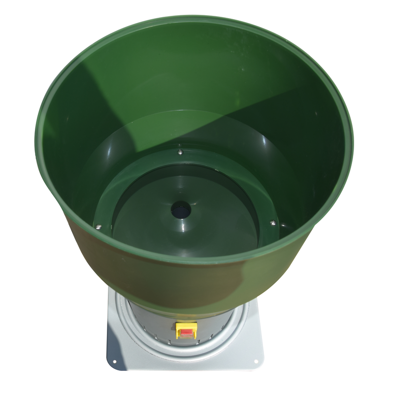 Top view of Farm Mill Compact Feed Crusher showing deep green plastic hopper and central grain intake opening for milling feed efficiently