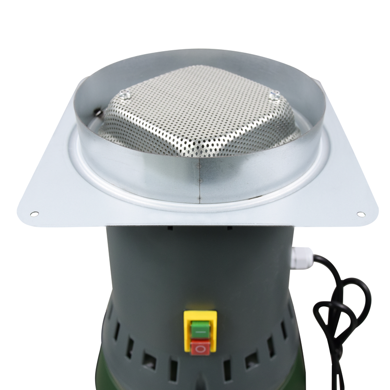 Bottom view of Farm Mill Compact Feed Crusher showing perforated metal safety screen and discharge outlet with on-off switch and power cord