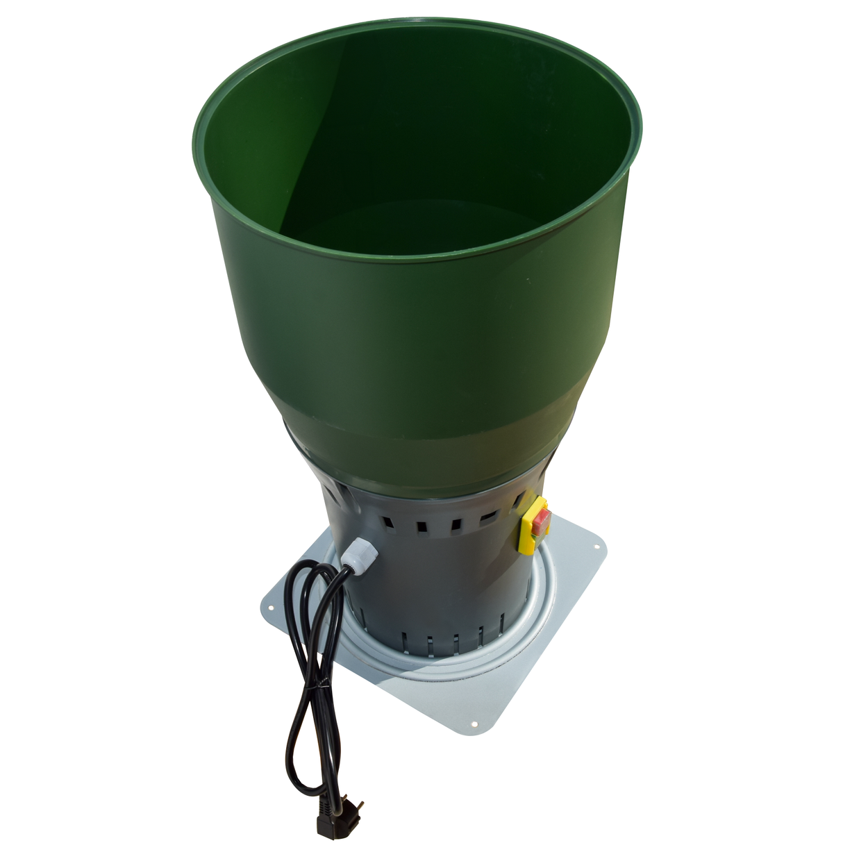 Angled top view of Farm Mill Compact Feed Crusher showing large green hopper, gray motor base with ventilation slots, and power cord with safety switch