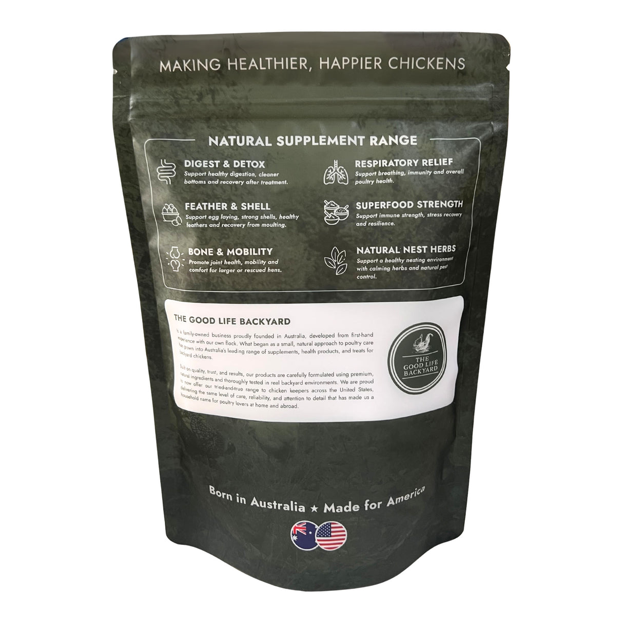 Black supplement package for chickens with text and branding on a white background
