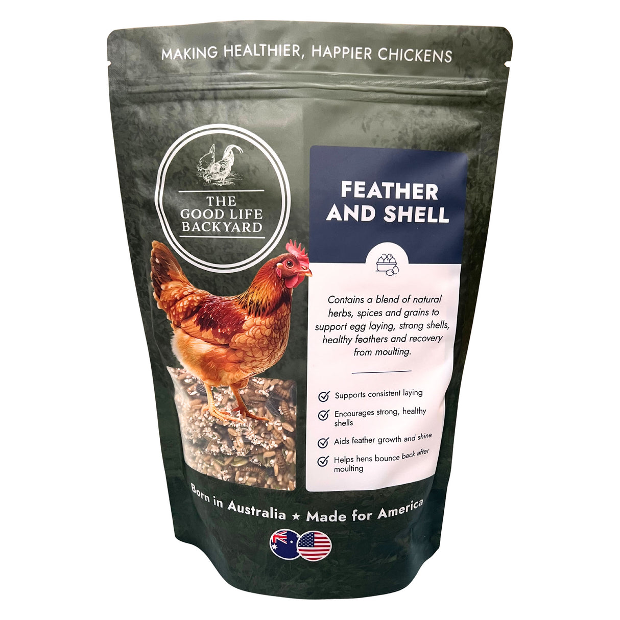 Package of 'The Good Life Backyard' feather and shell supplement for chickens on a white background
