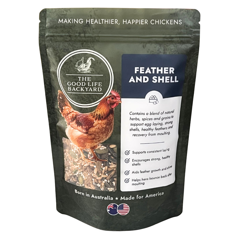 Package of 'The Good Life Backyard' feather and shell supplement for chickens with a chicken illustration on a white background.
