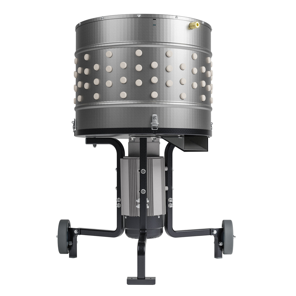 Front view of EU ProB poultry feather plucker with 20 inch stainless steel drum, 138 white rubber fingers, and powerful 1500W motor.