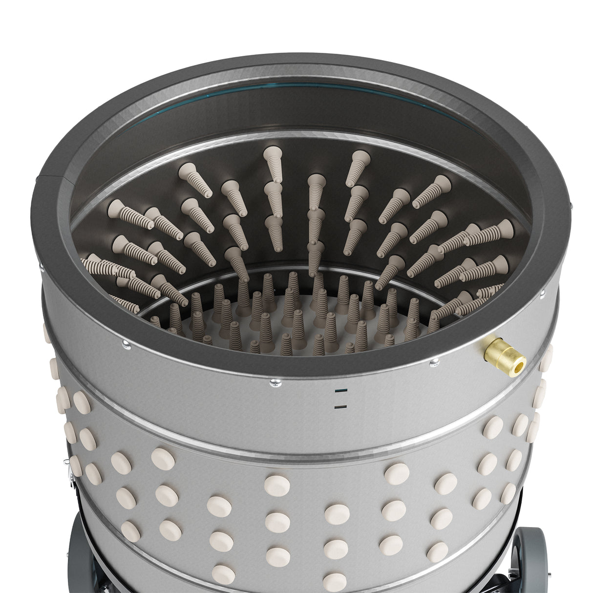 Top zoomed in view of a stainless steel chicken plucker drum with rubber fingers for poultry feather removal