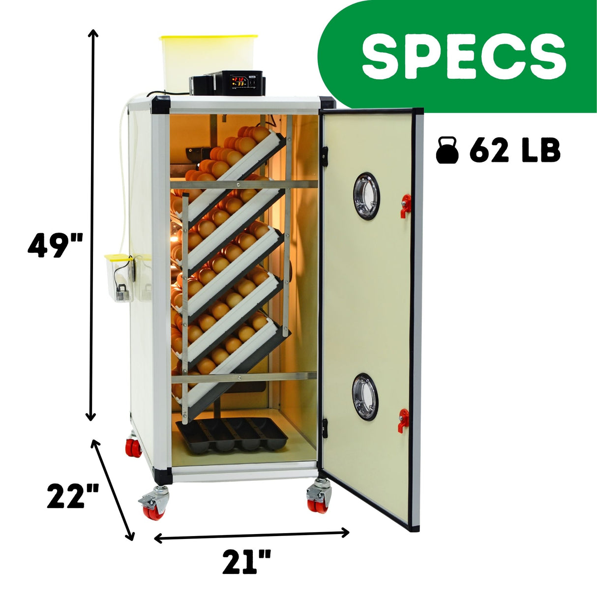 Image shows height, length and depth of HB175 S - Egg Incubator - Setter as well as weight. 49 inches tall, 22 inches deep, 21 inches wide and 62 pounds.