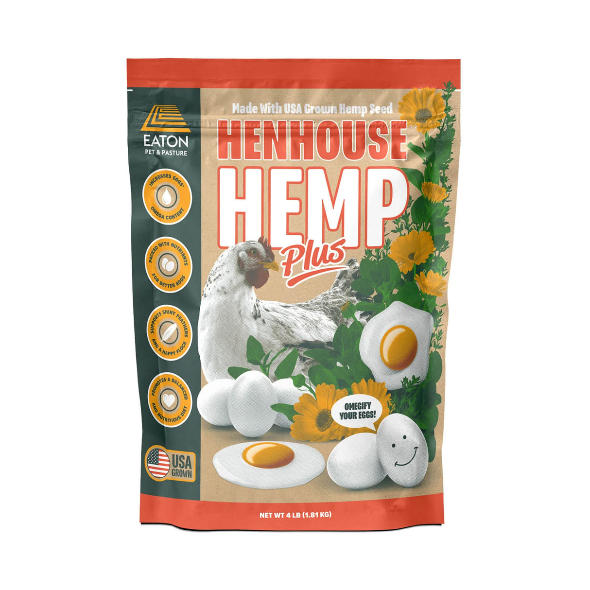 Henhouse Hemp Plus 4 lb bag – hemp seed poultry supplement for better eggs and feather health.