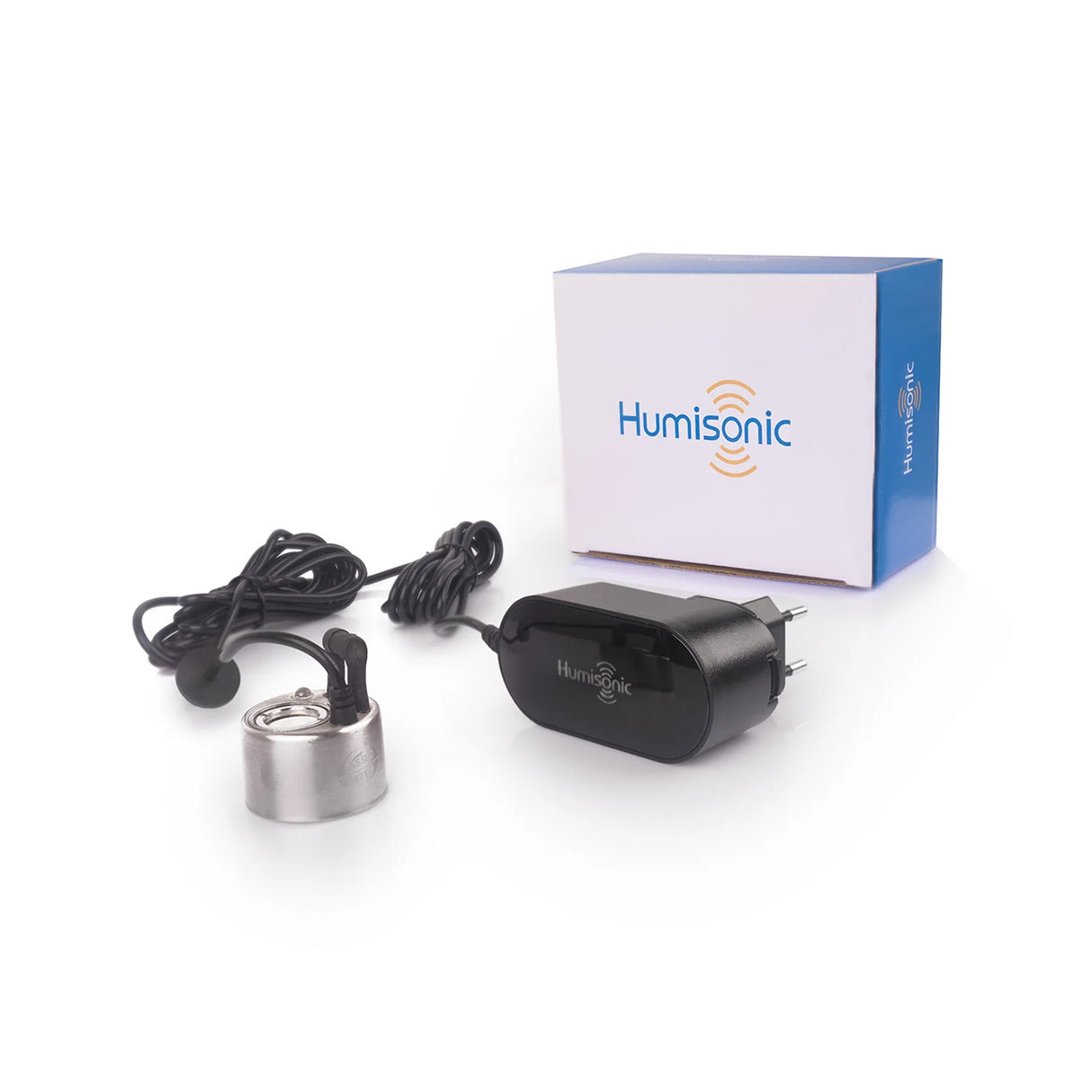Humisonic electronic device with power adapter and packaging on a white background