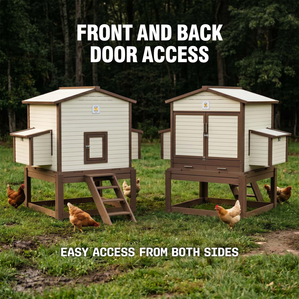 Flock Right elevated chicken coop with front and back door access for easy flock care