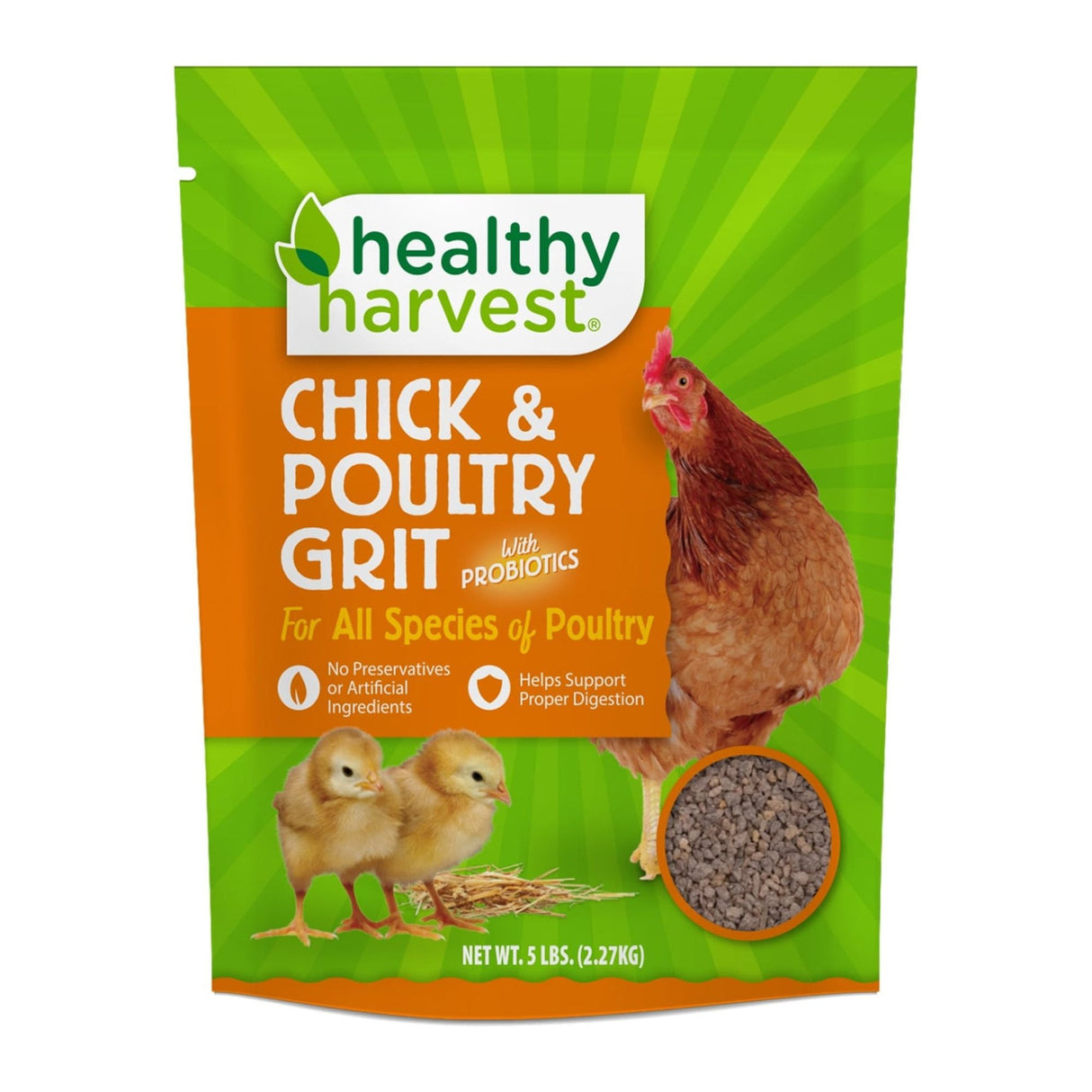 Hatching Time Healthy Harvest. Chick & Poultry Grit. Front of bag can be see in image.