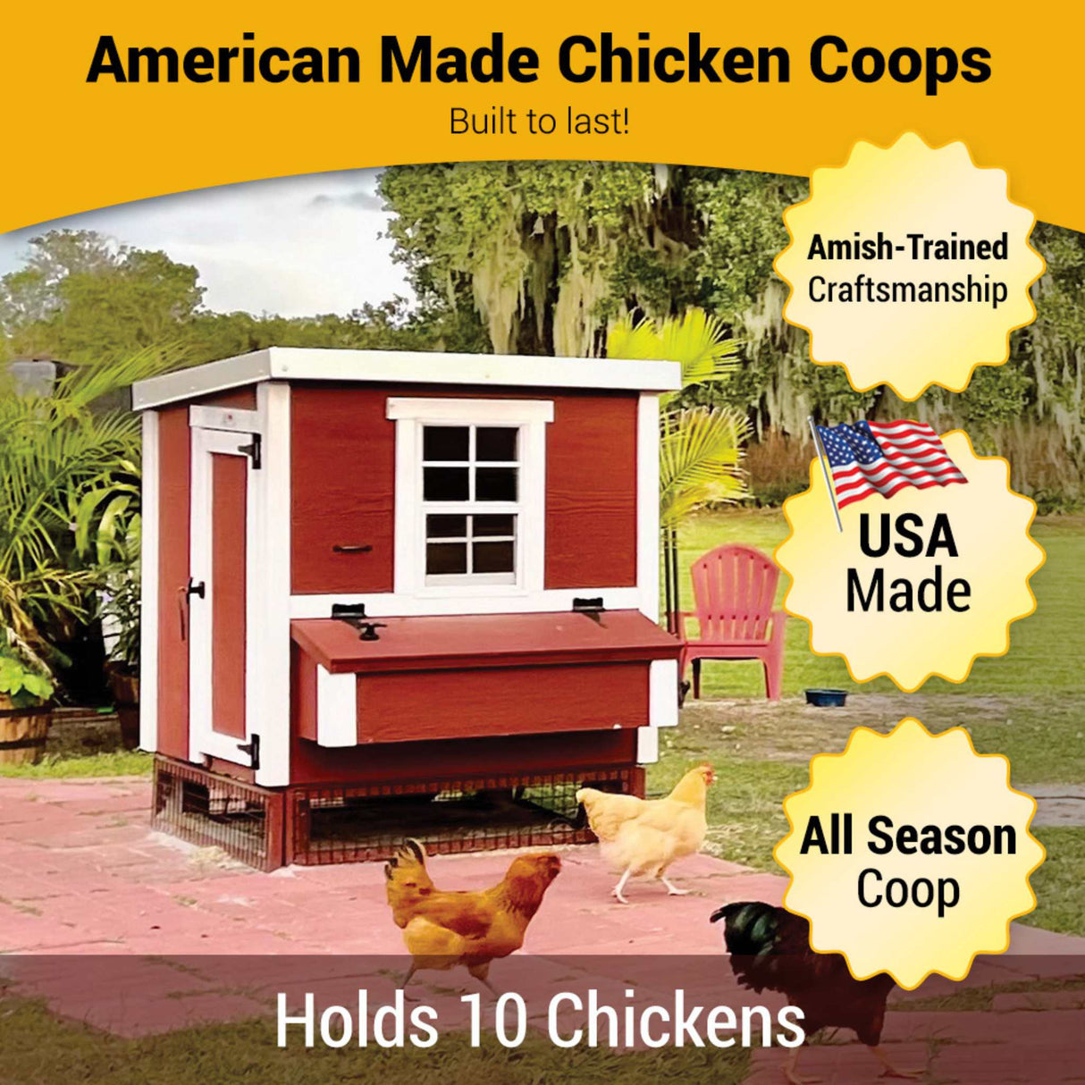 Hatching Time OverEZ. Infographic shows medium chicken coop can hold 10 chickens, is made in the USA with Amish-trained craftsmanship and is good for all seasons.