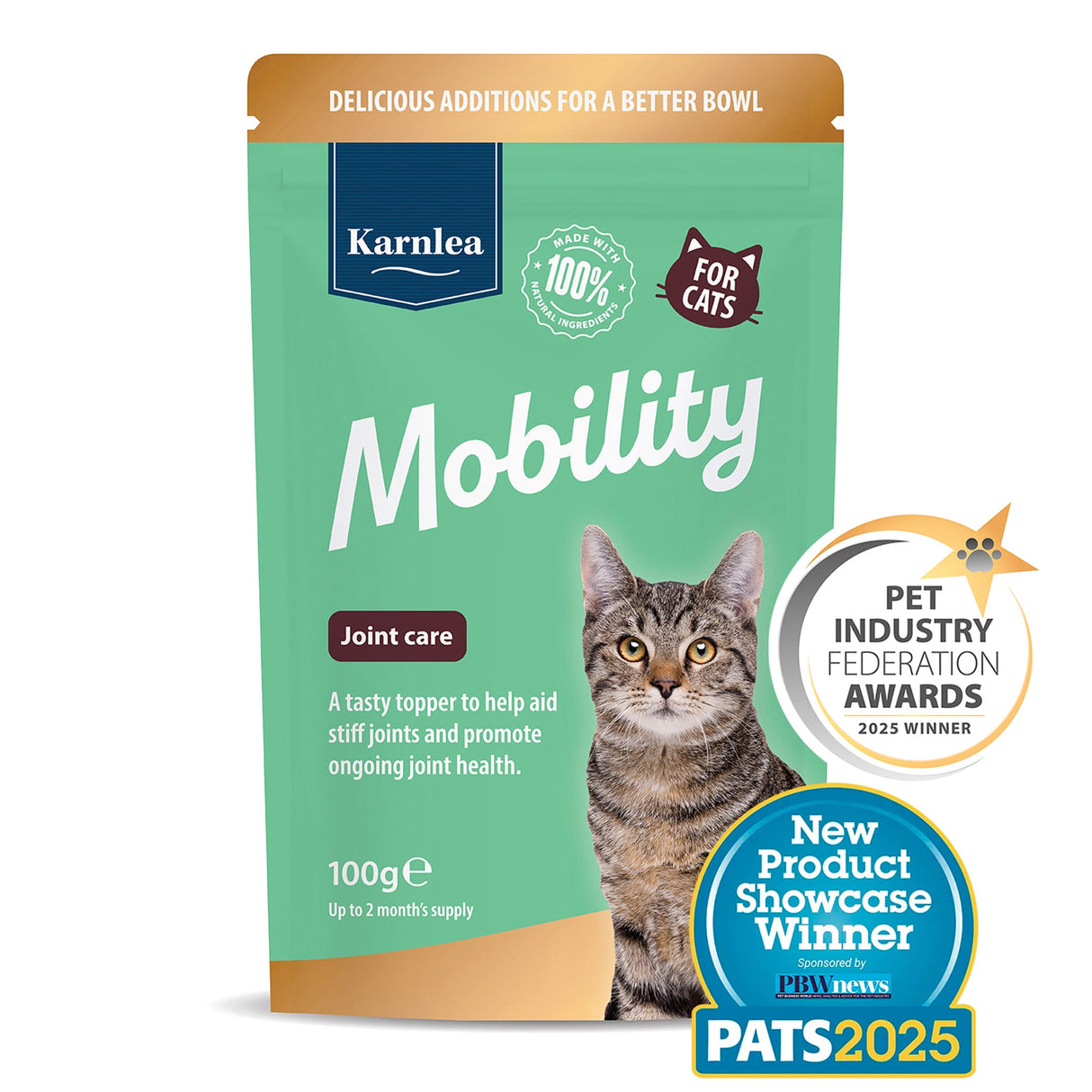 Karnlea Mobility supplement container for cats with joint support badges