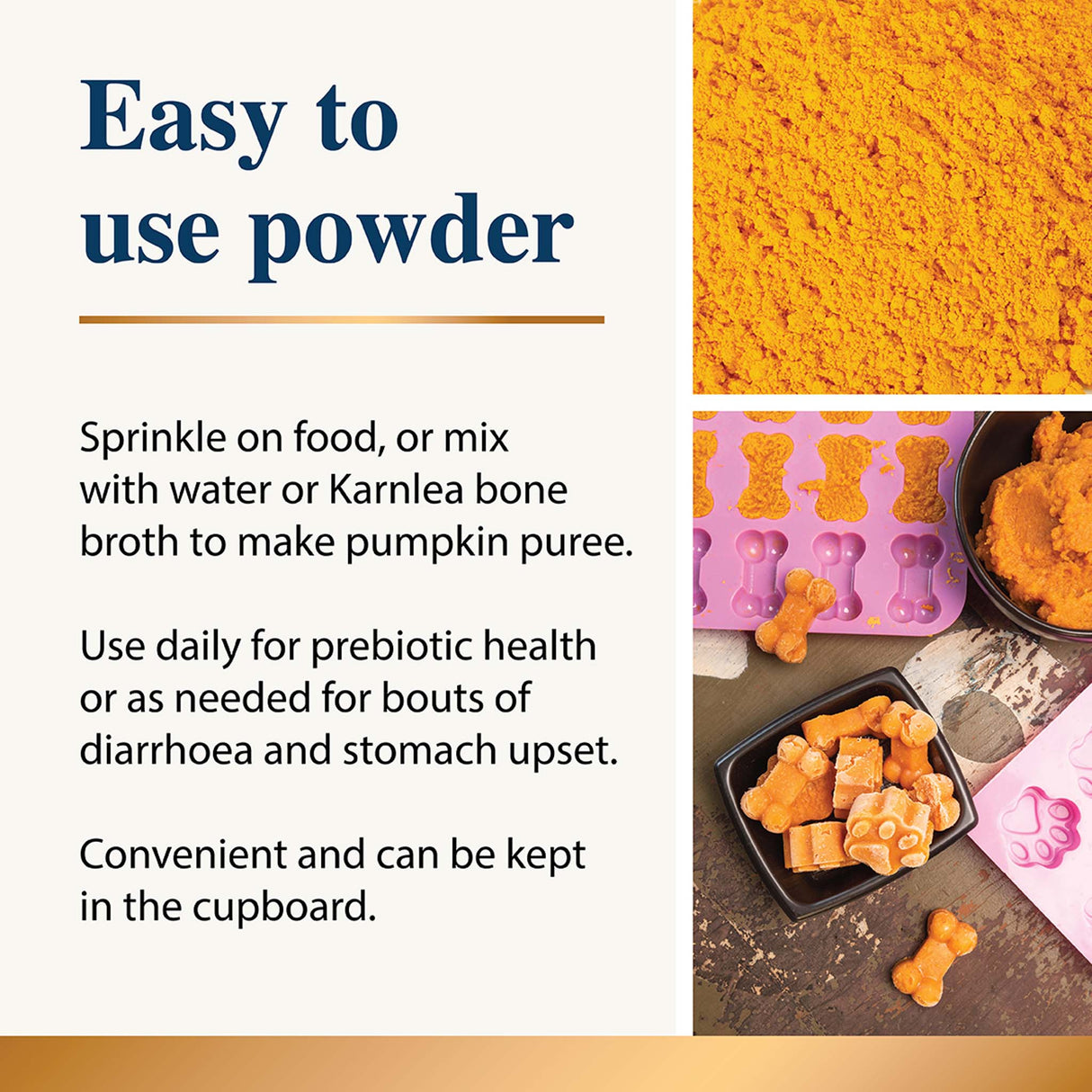 Karnlea pumpkin powder supplement graphic showing easy to use powder for pets