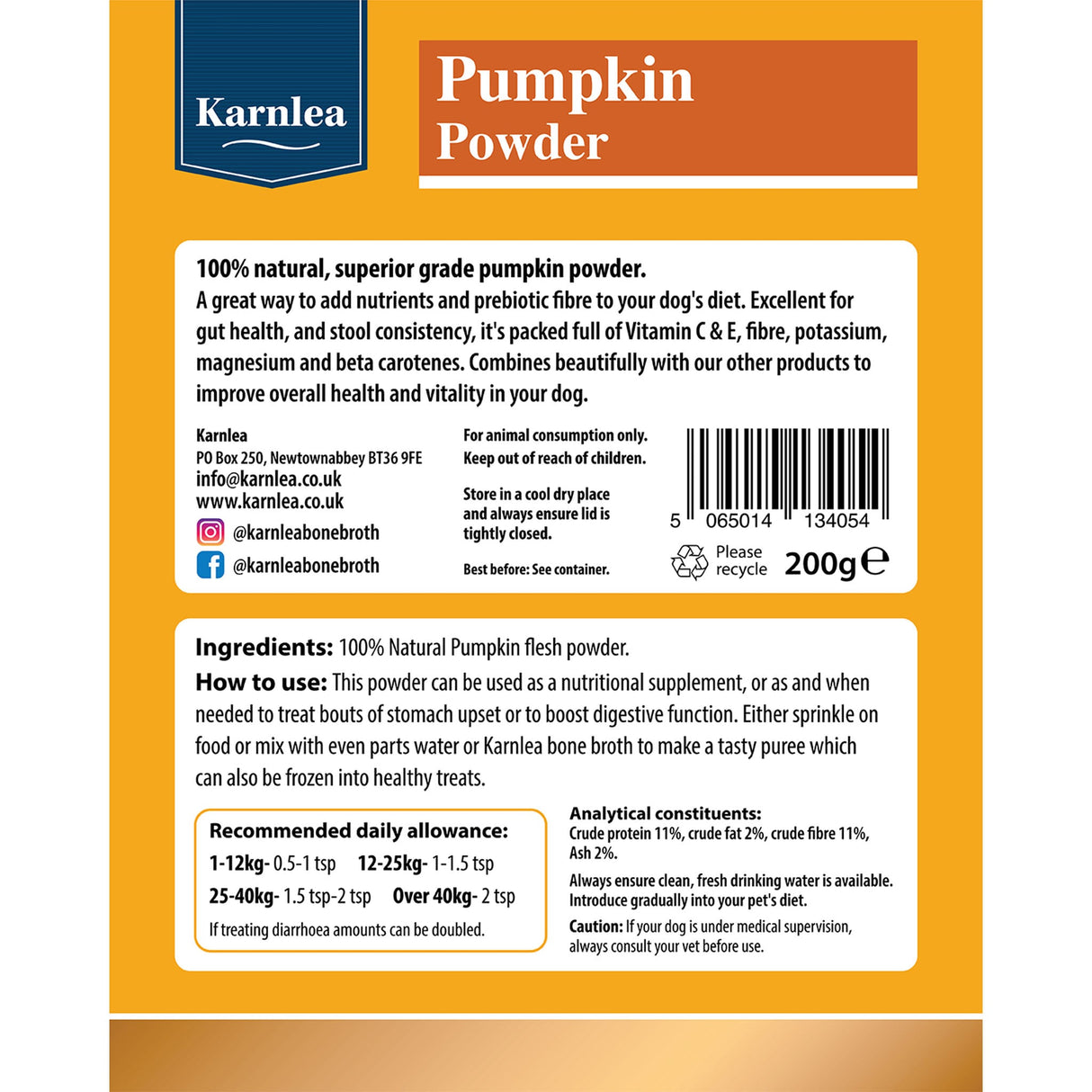 Karnlea pumpkin powder supplement facts label on product packaging