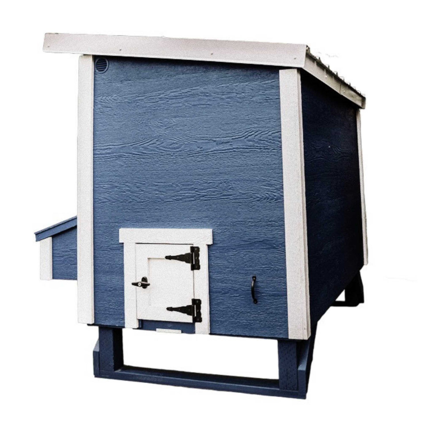 Hatching Time OverEZ Side view of Blue  Large chicken coop. Coop can be seen with windows for ventilation, nesting box can be seen on front for easy egg collection.