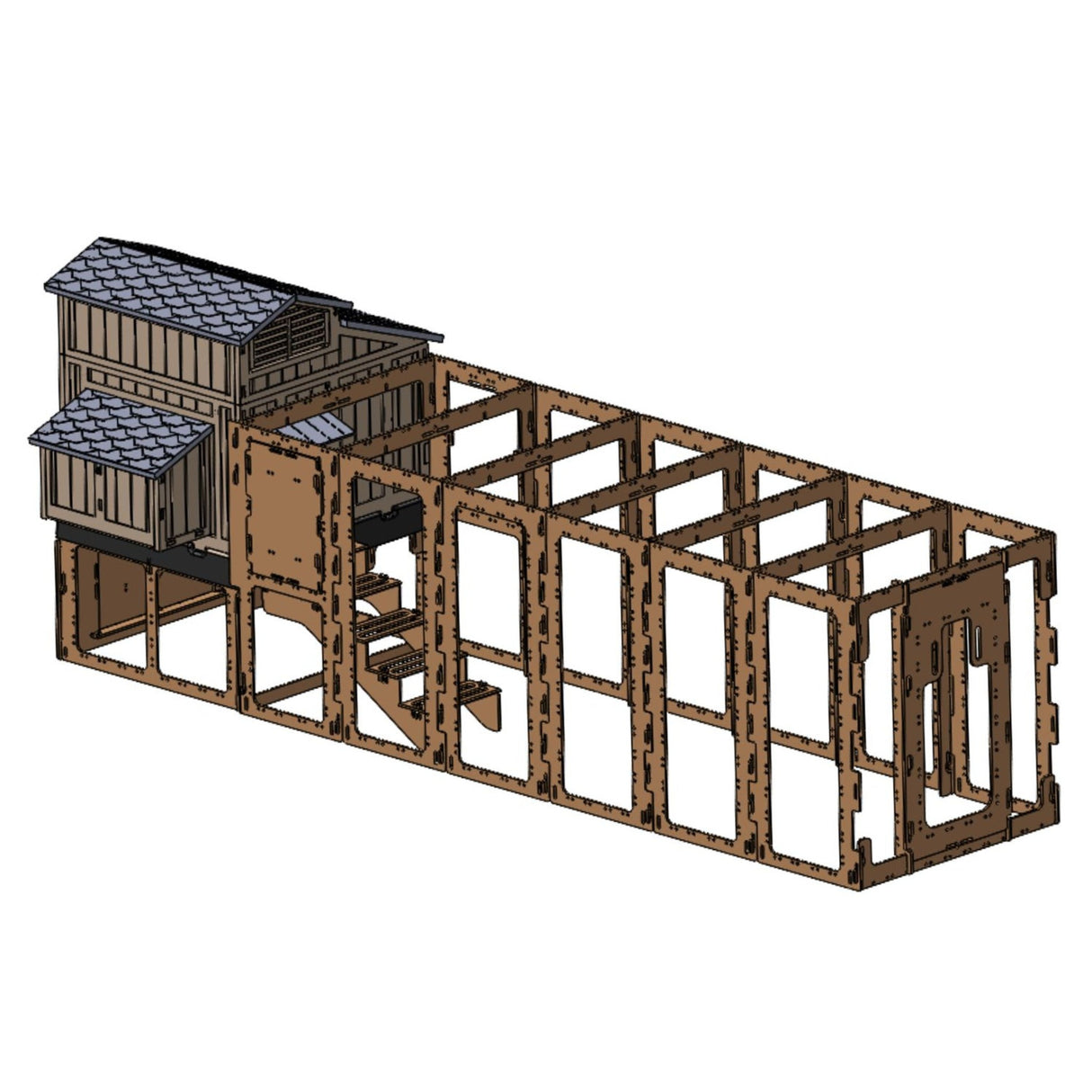 Hatching Time 3D rendering of Large Formex Chicken coop extension kit. Kit shows longer chicken coop run and chicken coop on top of stand and stairs addition.