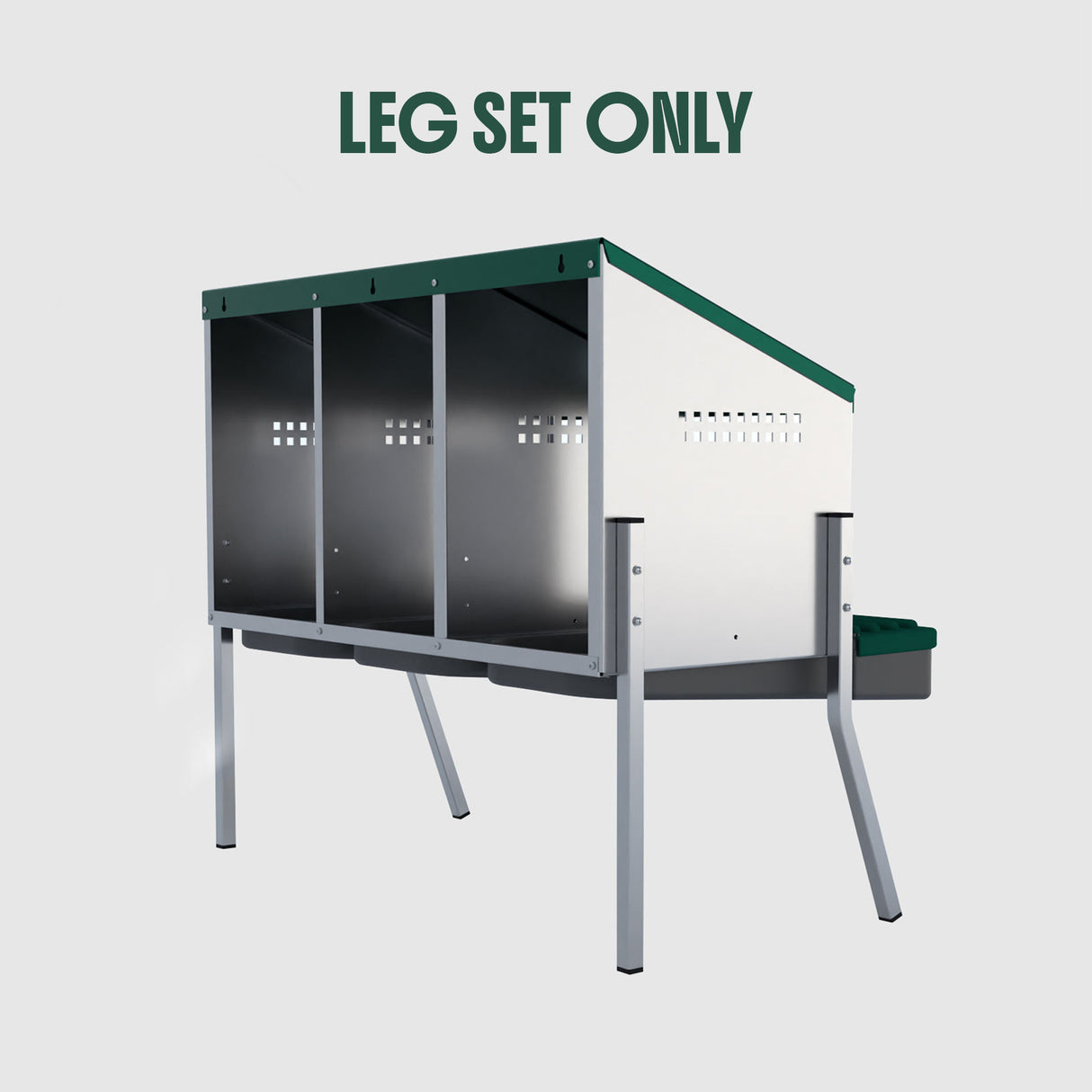 Triple galvanized nesting box mounted on galvanized steel leg set providing elevated, stable support for cleaner and more efficient egg collection