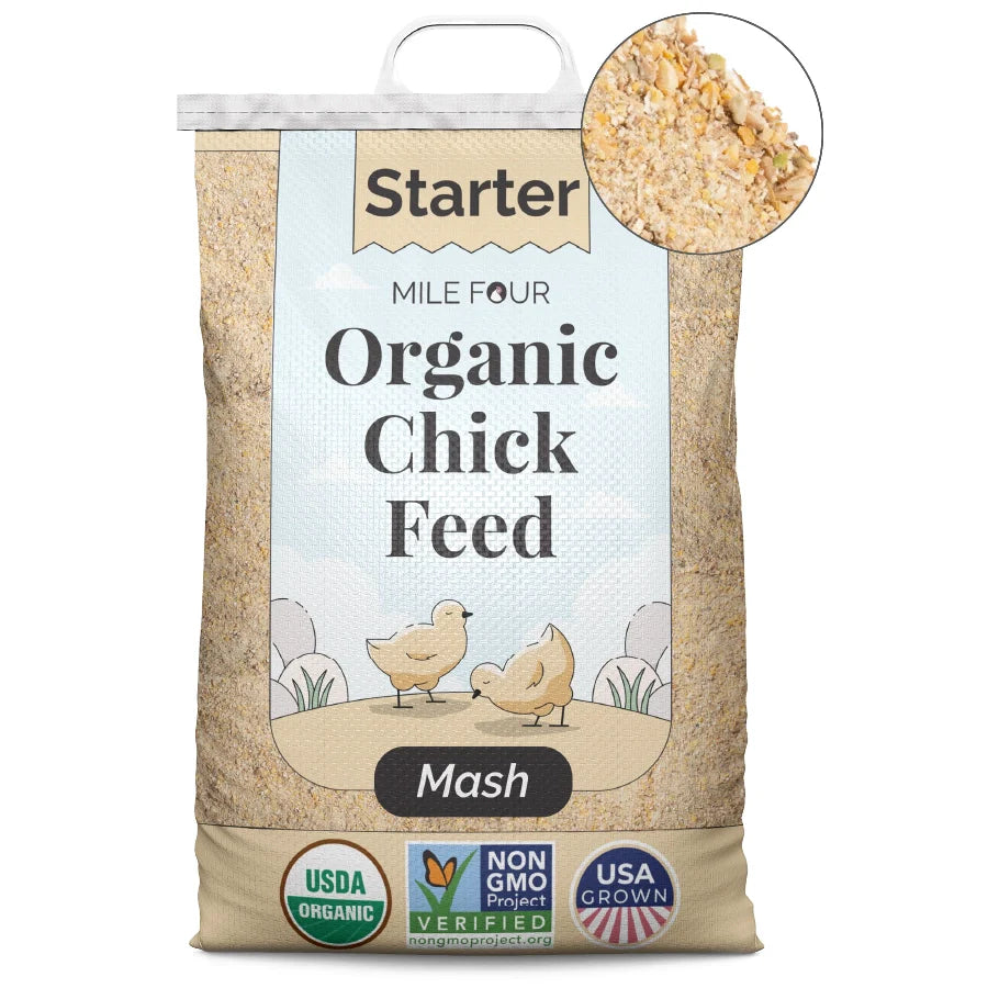 A large bag of Mile Four Starter Organic Chicken Feed Mash