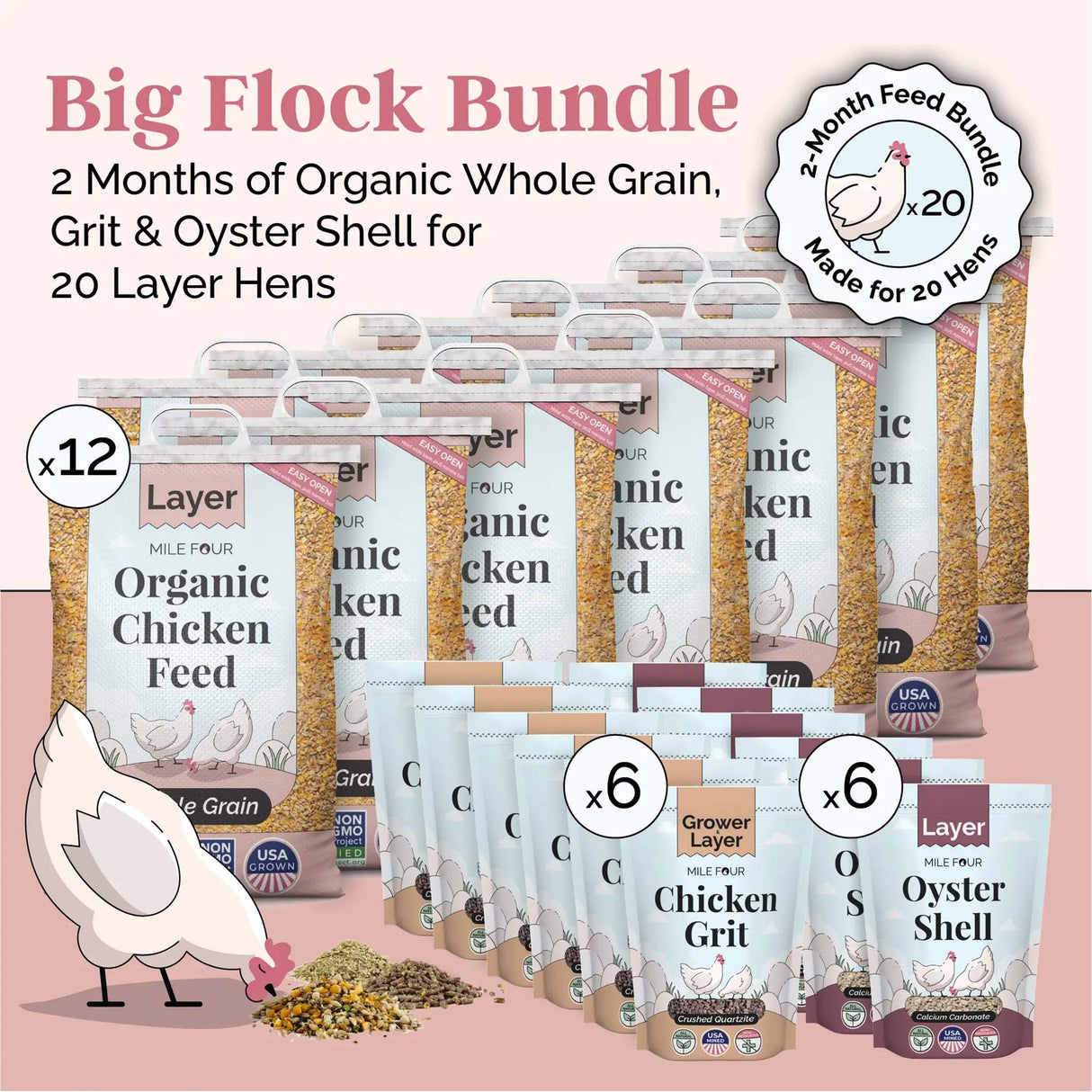 Mile Four Organic Whole Grain Layer Chicken Feed Big Flock Bundle with oyster shell and chicken grit for up to 20 laying hens over approximately 2 months.