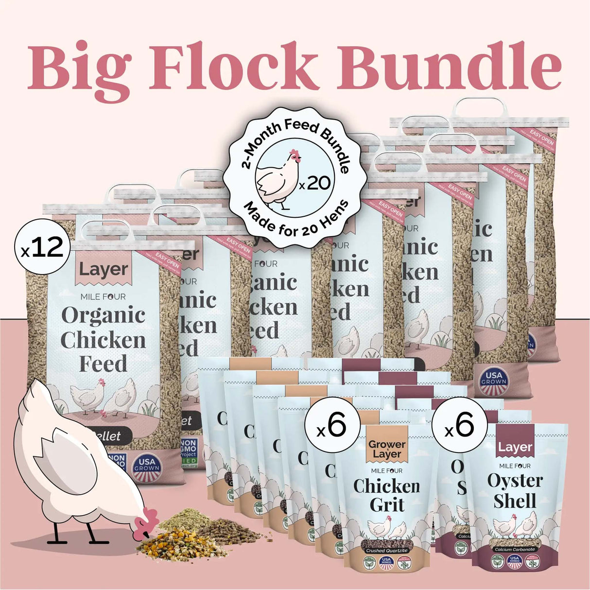 Mile Four Organic Layer Chicken Feed Big Flock Bundle including 12 bags of organic layer feed, 6 bags of oyster shell, and 6 bags of chicken grit for up to 20 laying hens.