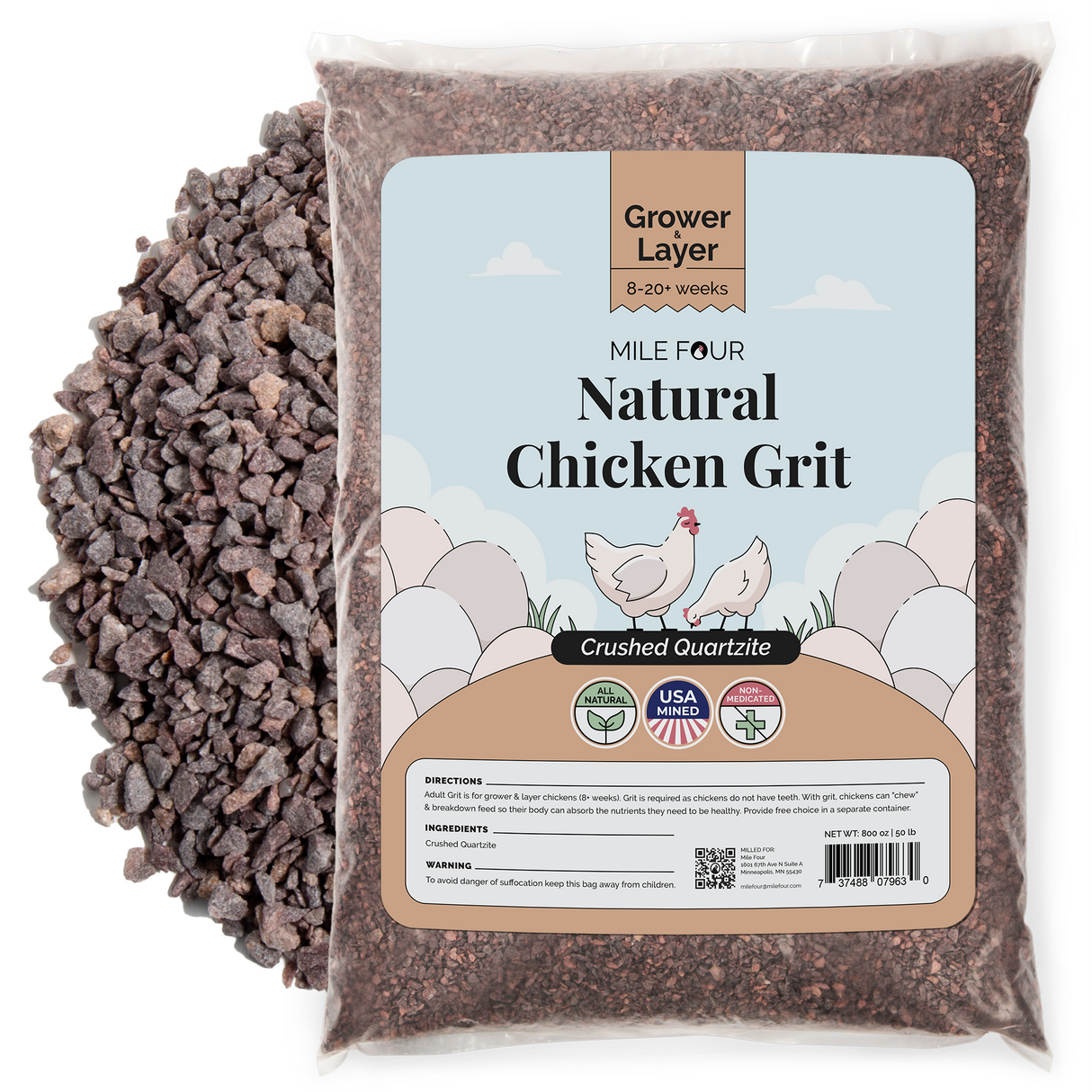a bag of mile four natural chicken grit crushed quartzite