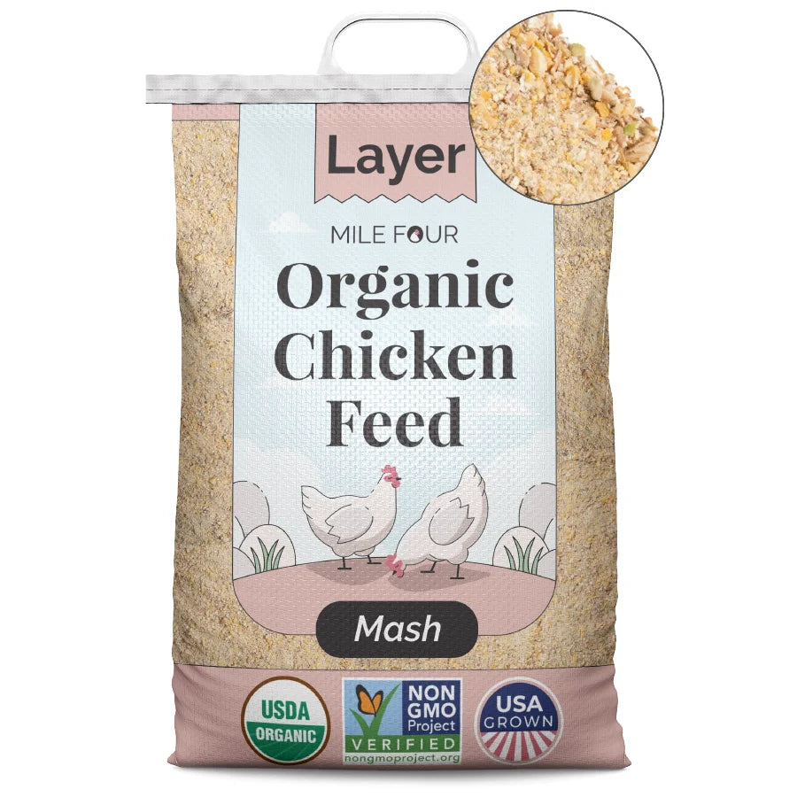 A large bag of Mile Four Layer Organic Chicken Feed Mash