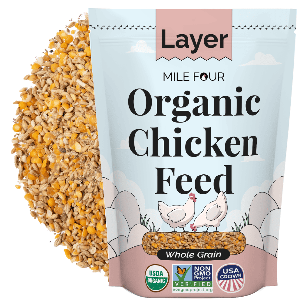 a bag of Mile Four Layer Organic Chicken Feed
