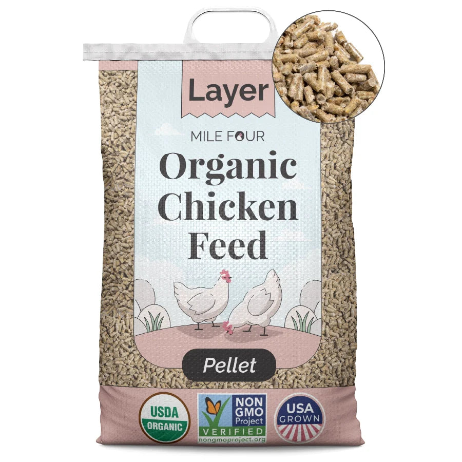 a bag of Mile Four Layer Organic Chicken Feed pellets