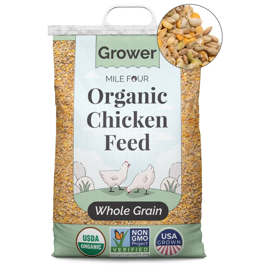 a bag of Mile Four Organic Chicken Grower Feed